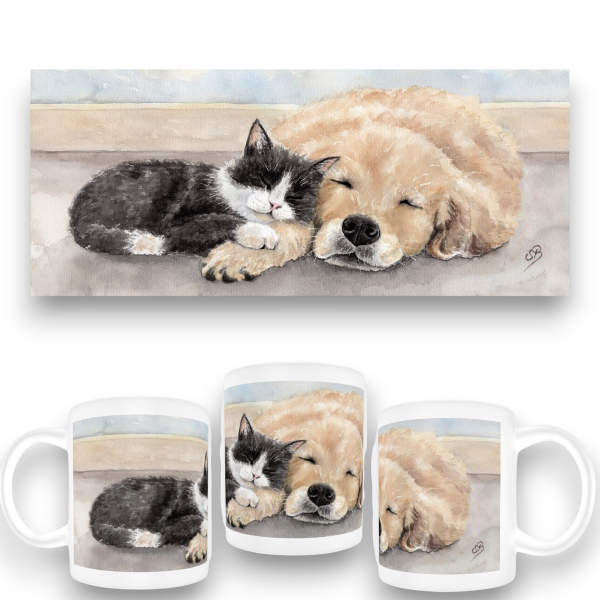 Cup Coffee Cup Mug watercolor art print Cat and dog - T15